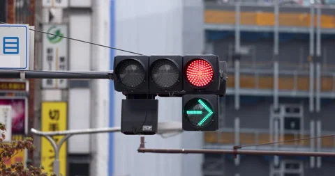 Traffic Light Changing Lights Green Yellow Red and Arrow Turn Right. Tokyo,.. Stock Footage 255469430