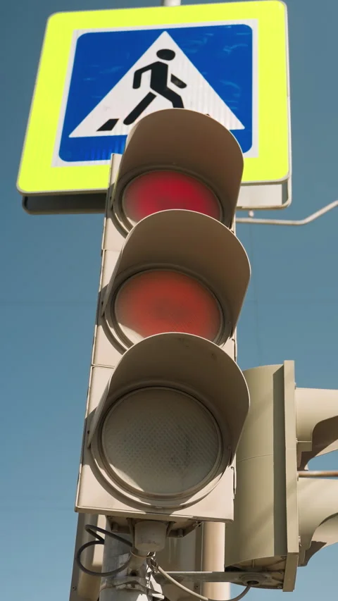 Traffic Light Changing from Red to Green Near Pedestrian Crossing Sign Stock Footage 310335152