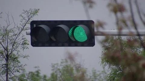 Traffic Light Changing Red to Green Signal Against Gray Sky Stockbeeldmateriaal 335150535