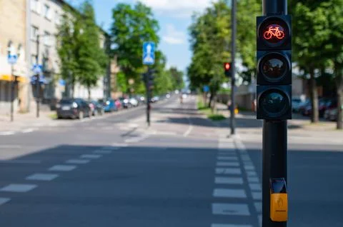 Traffic light for cyclists. Red light for bycicle lane on a traffic light. .. Stock Photos
