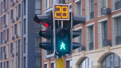 Traffic light with digital countdown at road intersection regulating a movement  Stock Footage 229836404