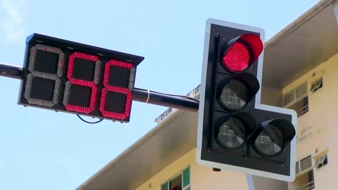 Traffic Light With Digital Countdown Timer In Tropical Thailand Street. Stock Footage 340452916