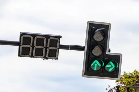 Traffic Light With Digital Countdown Timer In Tropical Thailand Street. Stock Photos