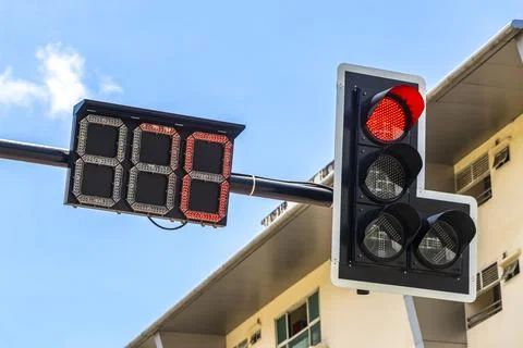 Traffic Light With Digital Countdown Timer In Tropical Thailand Street. Stock Photos