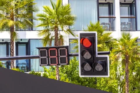 Traffic Light With Digital Countdown Timer In Tropical Thailand Street. Stock Photos
