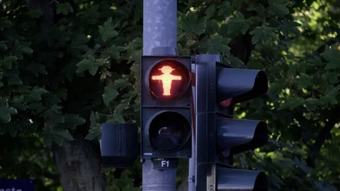 A traffic light displaying a bright red stop signal along with a pedestrian icon Stock Footage 304947424