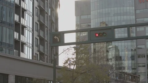Traffic Light Downtown Offices Behind Stock Footage 99838759