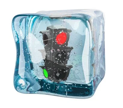 Traffic light frozen in ice cube, 3D rendering Stock Illustration