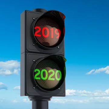 Traffic light with green light 2020 on sky background. 3D rendering Stock Illustration