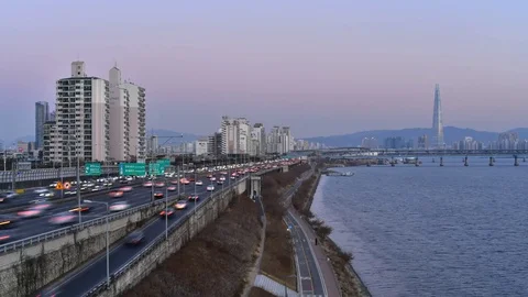 Traffic light Han and lotte tower River in Seoul, South Korea. Stock Footage 77123384