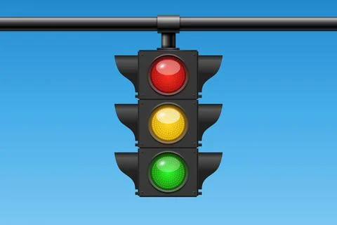 Traffic Light Hanging on Horizontal Pole, Vector Illustration. Red Yellow and Stock Illustration