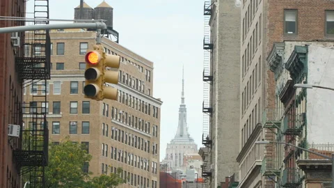 Traffic Light in NYC with Empire State Building in the Background Stock Footage 137284575