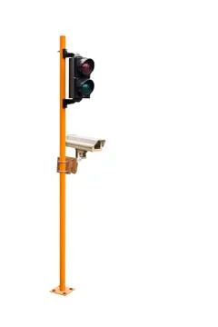 Traffic light pillar and  security camera isolated on white background with c Foto stock