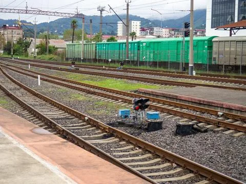 Traffic light on the railroad. Semaphore at the paths. Train station. Stock-Fotos