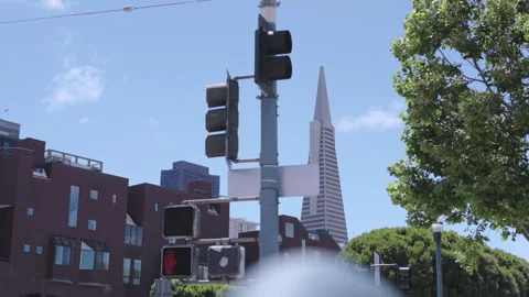 Traffic Light Red Stop Hand Signal Transamerica Pyramid Low Angle Stock Footage 344902472