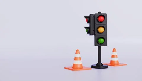 Traffic light with stop sign orange cones 3d illustration Illustrazione stock