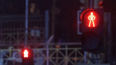 Traffic light on Subway train depart of suburban station. Night Video stock 119422261