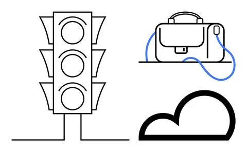 Traffic light with three circles indicating signals, briefcase with blue hand Illustration