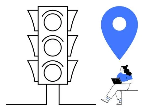 Traffic light with three empty circles beside blue map pin above seated woman Ilustração Stock