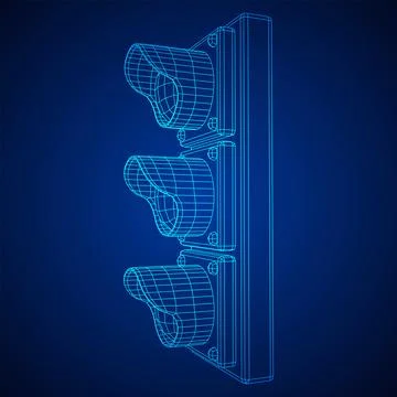 Traffic light with three lights. Wireframe illustration. Illustrazione stock