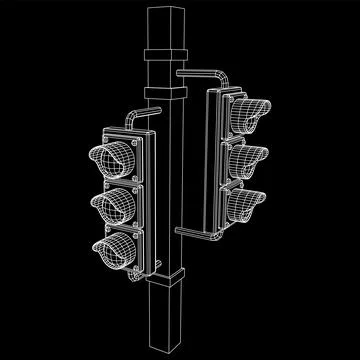 Traffic light with three lights. Wireframe illustration. Stock Illustration