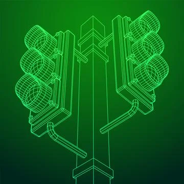 Traffic light with three lights. Wireframe illustration. Stock Illustration