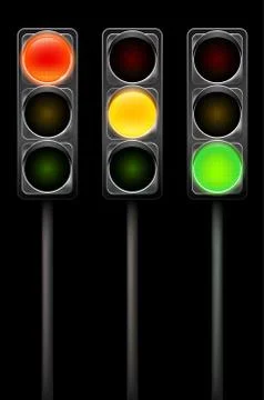 Traffic light in three positions on black background Stock Illustration