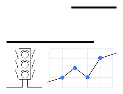 Traffic light with three signals next to a blue line graph with rising dots o Stock Illustration