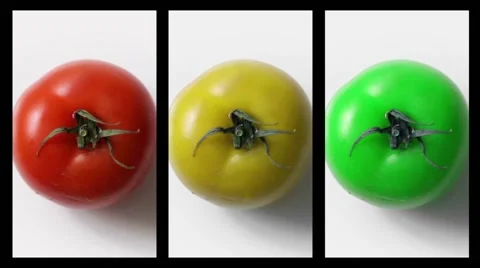 Traffic light tomato rotation on white background Video stock 61452399