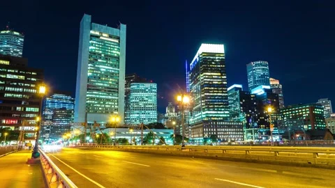 Traffic light trails in Boston cityscape at night, USA Stock Footage 168587117