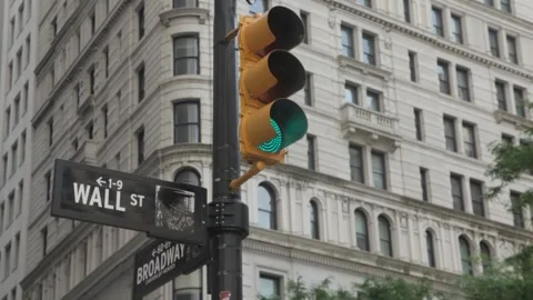 Traffic Light Turning Green at Wall Street Sign Stock Footage 341324266