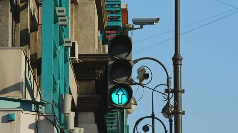 Traffic light turns red, CCTV cameras Stock Footage 49408383