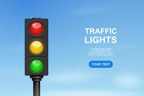 Traffic Light, Vector Illustration. Red Yellow and Green Signal Lights on Blu Stock Illustration