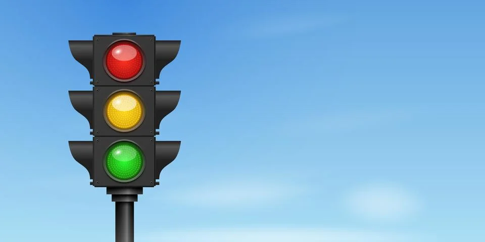 Traffic Light, Vector Illustration. Red Yellow and Green Signal Lights on Blue Stock Illustration
