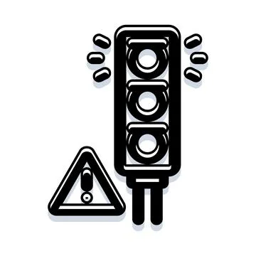 Traffic light with warning sign black and white icon Stock Illustration