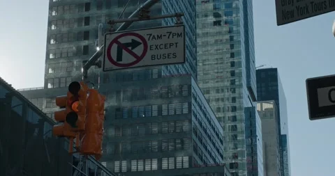 Traffic Light in Wind (Green to Red), No Turn Sign, NYC Buildings in Background Vidéo 153102412