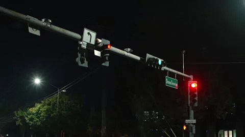 Traffic lights control movement at a dark urban intersection late at night Stock Footage 346923018