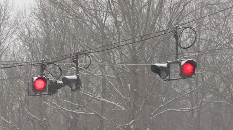 Traffic Lights During Snowstorm Stock Footage 46752916