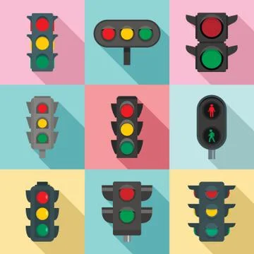 Traffic lights icon set, flat style Illustrazione stock