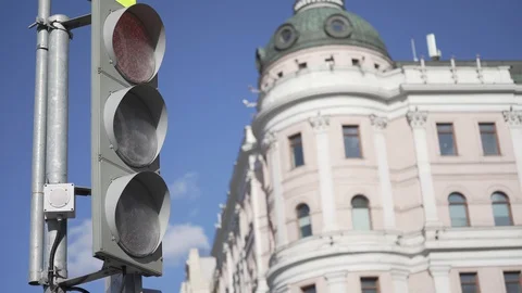 Traffic lights nearby building in empty Moscow during quarantine Stock-Footage 128596266