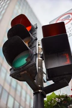 Traffic lights over urban intersection. Red light Stock Photos