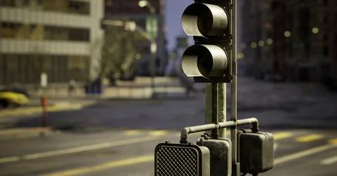 Traffic lights at a quiet intersection in an urban setting during dawn Stock Illustration