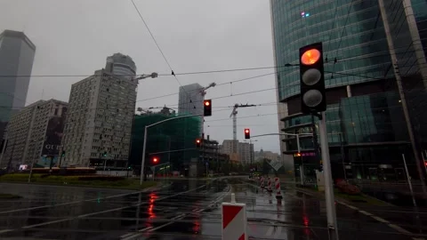 Traffic lights on a rainy day - red Stock Footage 147353606