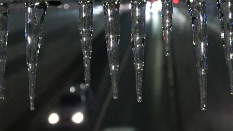 Traffic lights reflected in the formation of icicles Stock Footage 101862560