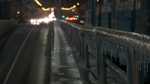 Traffic lights reflected in the formation of icicles Stock Footage 101862687