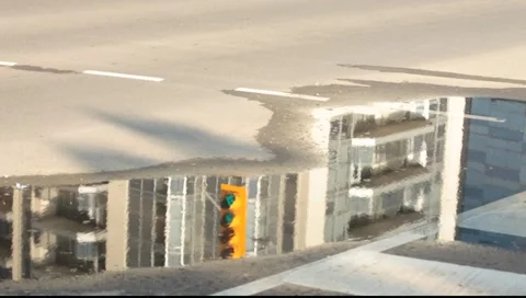Traffic lights reflected in street puddle Stock Footage 5819225