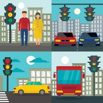 Traffic lights semaphore banner set, flat style Stockillustratie