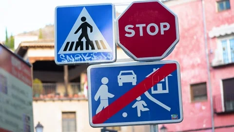 Traffic lights in Spain: red stop sign, blue pedestrian crossing, and speed Stock Footage 305034951