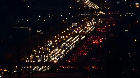 Traffic Lights - Traffic Jam - Crowded road from above at night Stock Footage 123772936