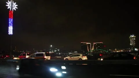 Traffic Lights Trail On Bridge At Night,Modern Building. Stock Footage 145657130